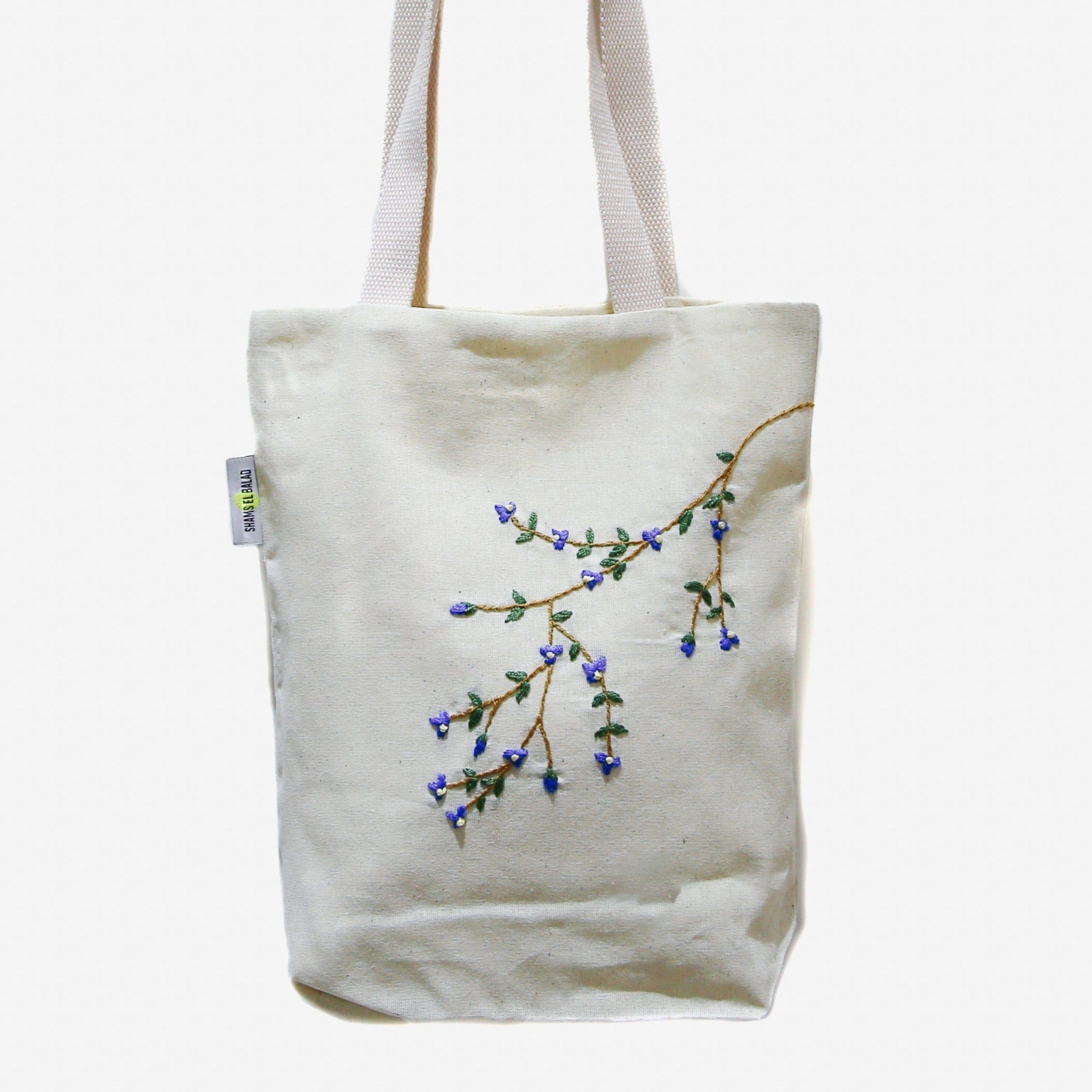 Shams El Balad Tote bag Blue Hanging flowers Embroidered Tote Bag