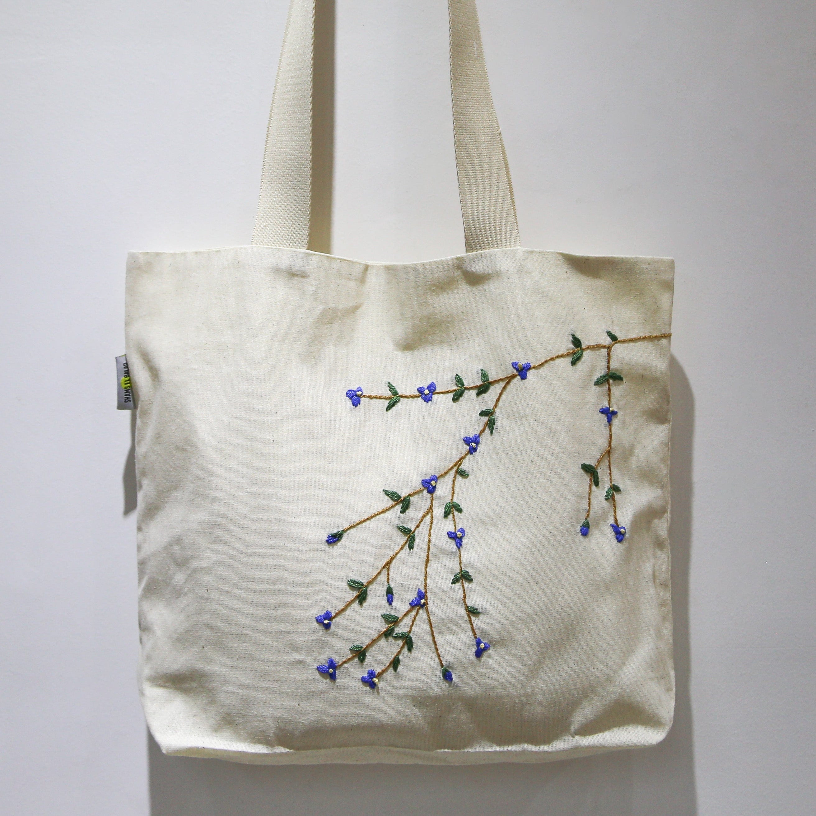 Shams El Balad Tote bag Large Blue Hanging flowers Embroidered Tote Bag